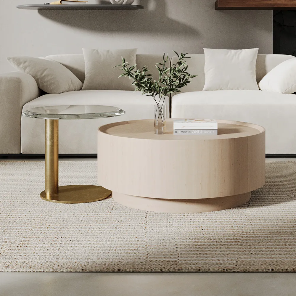 Round Nesting Coffee Table Set with Storage - White Oak, Glass