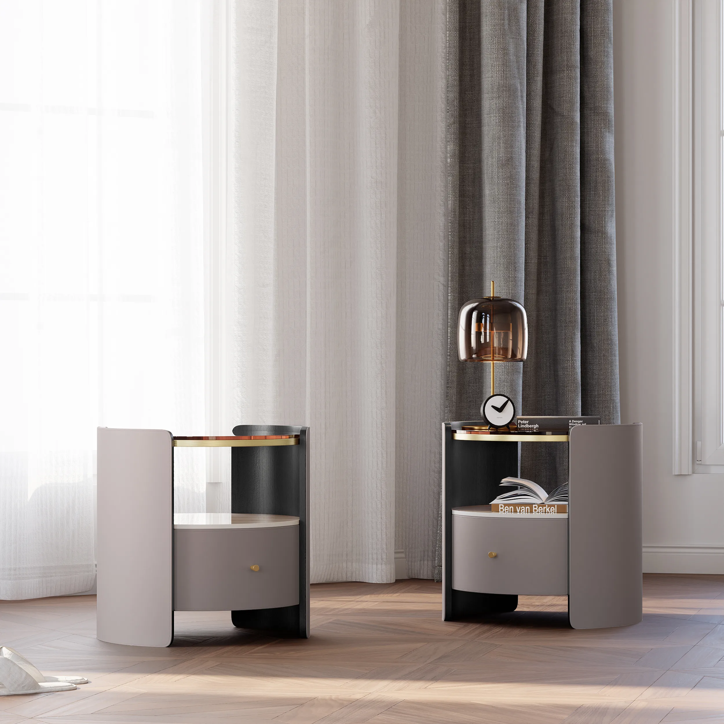 Round Nightstand Set of 2 - Gray, Leather