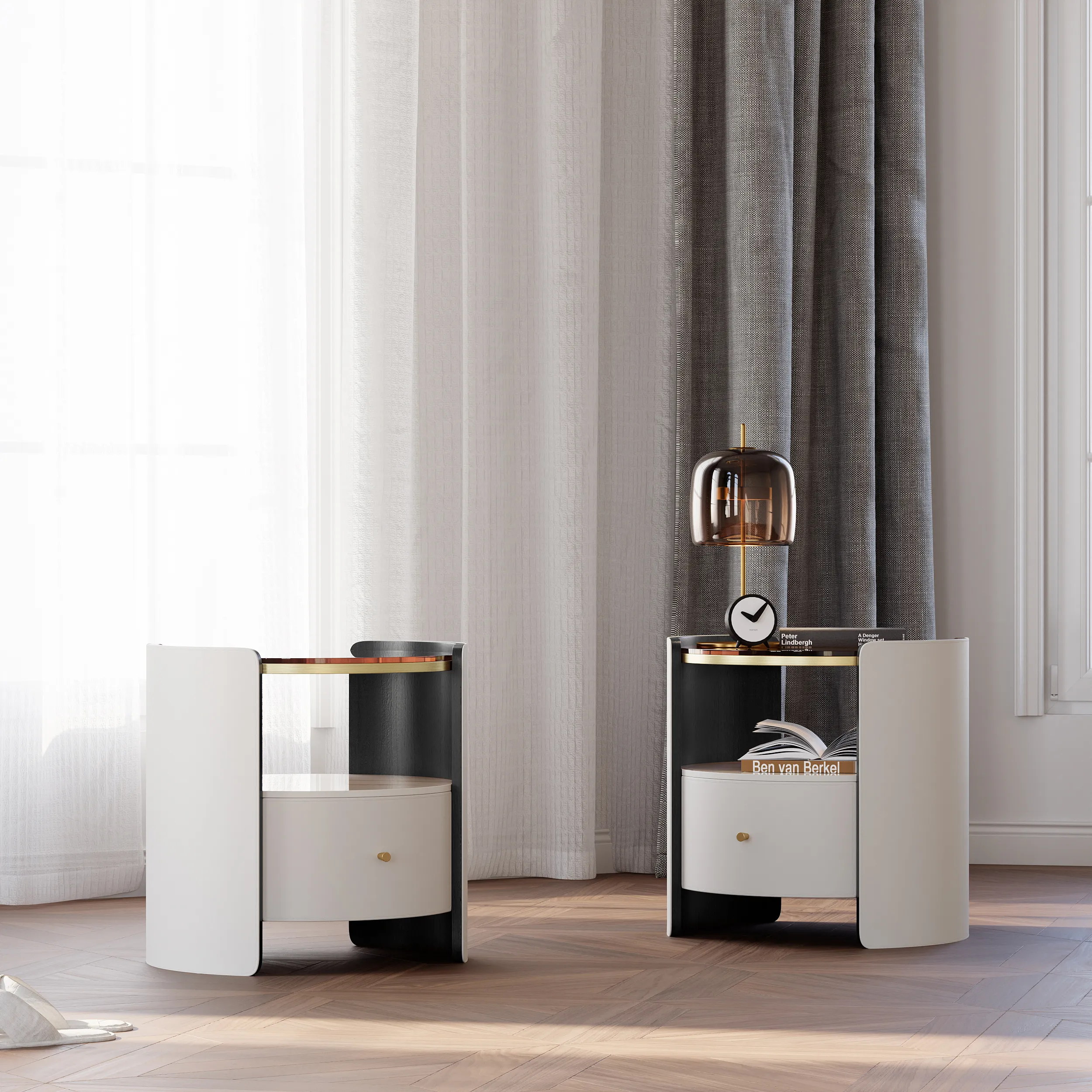 Round Nightstand Set of 2 with Shelf - White, Leather