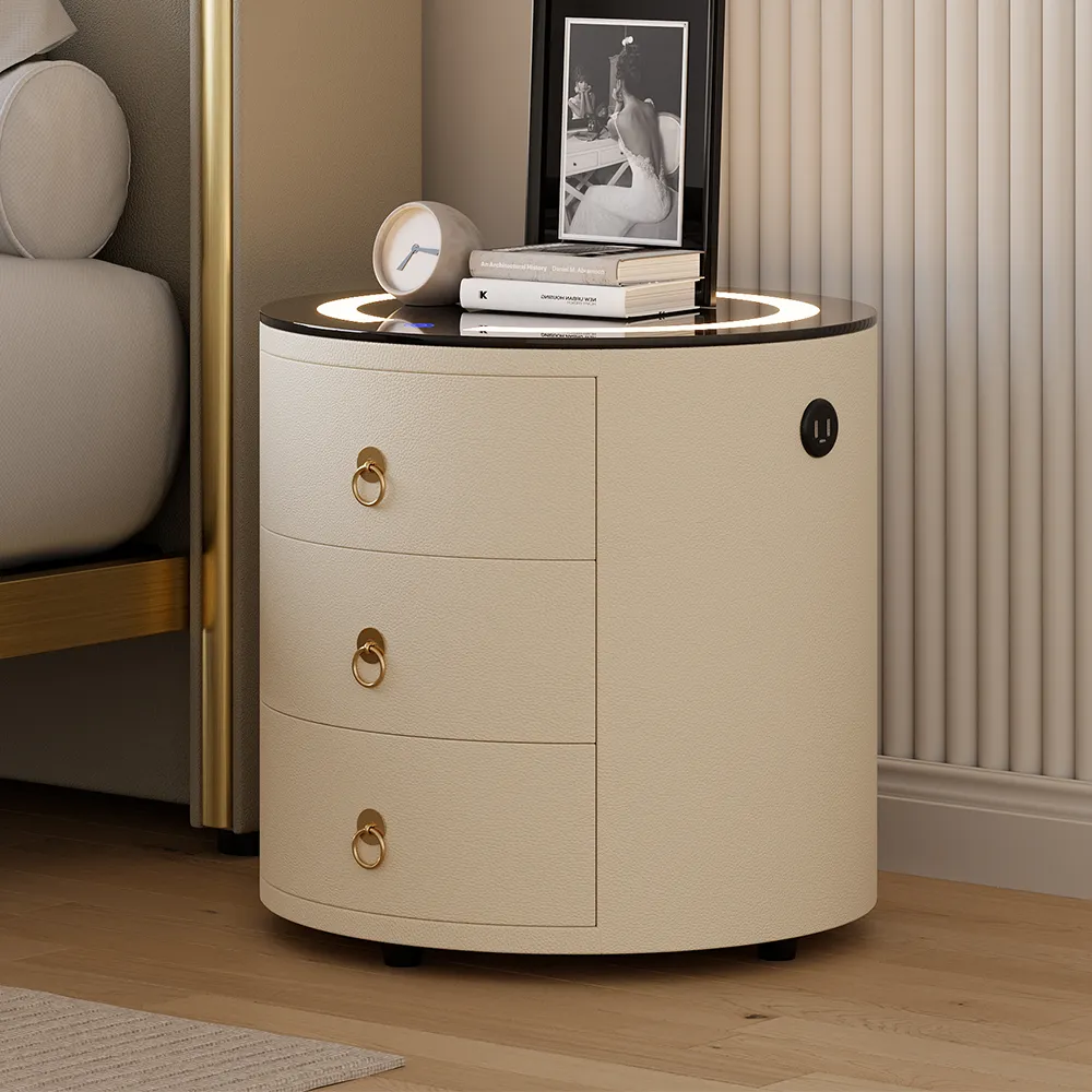 Round Nightstand Set of 2 with Wireless Charging - Off-White, PU Leather image