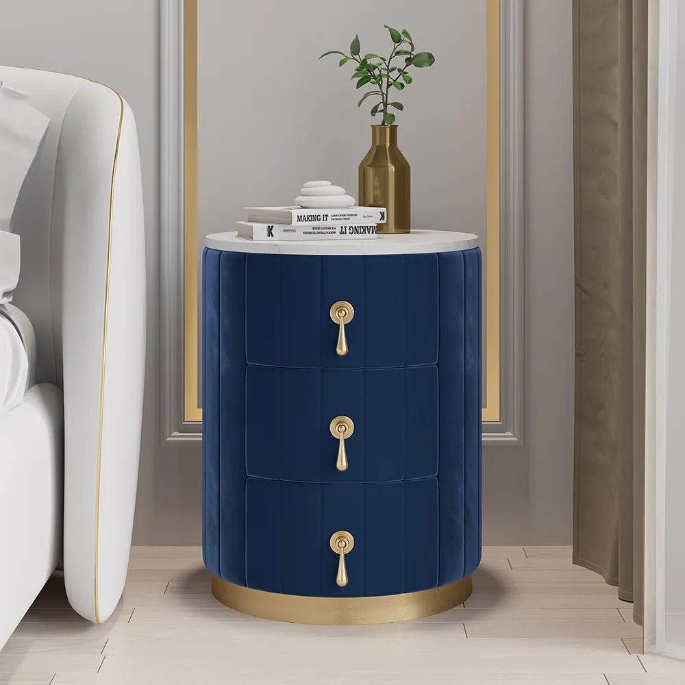 Round Nightstand with 3 Drawers - Blue, Velvet image