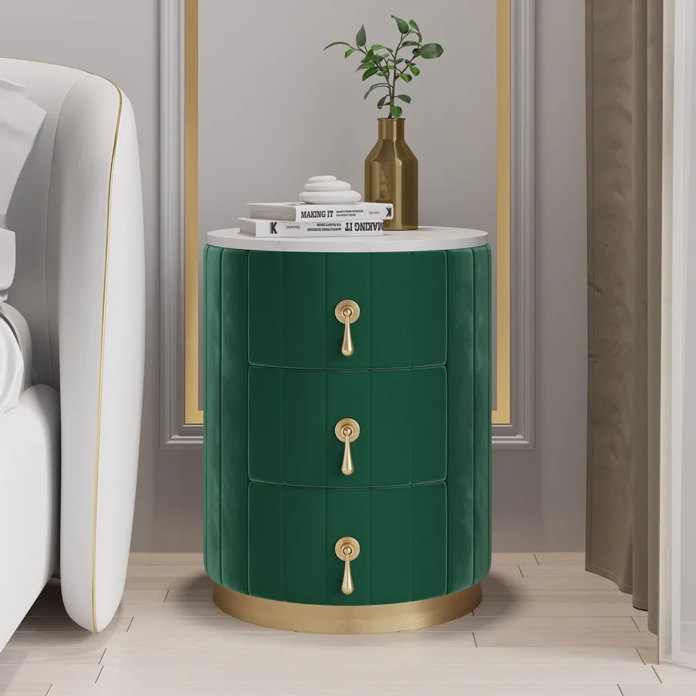 Round Nightstand with 3 Drawers - Green, Velvet