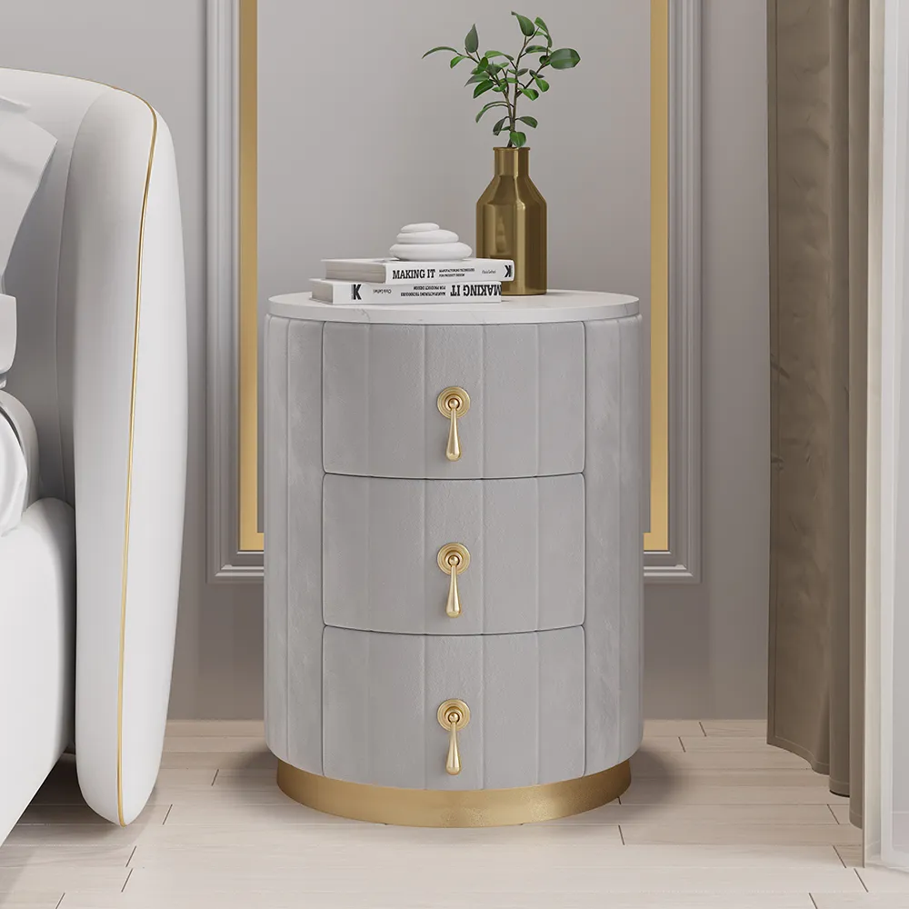 Round Nightstand with 3 Drawers Set of 2 - Gray, Velvet