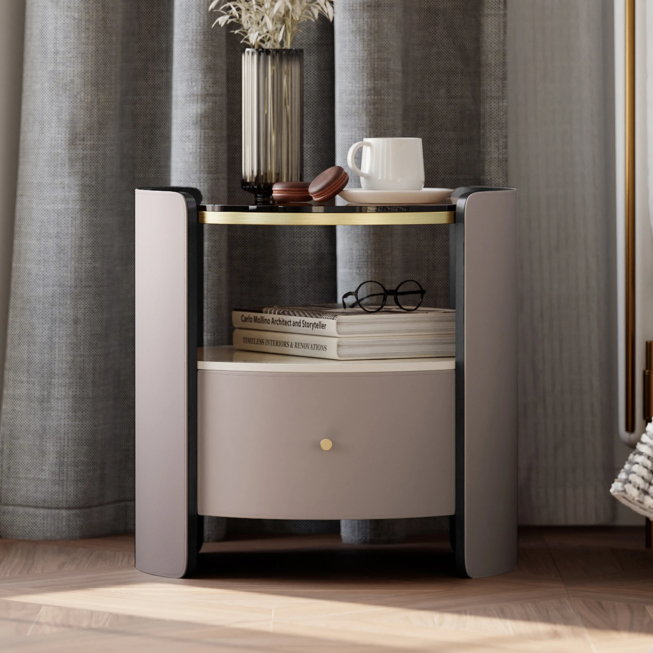 Round Nightstand with Shelf - Gray, Leather image
