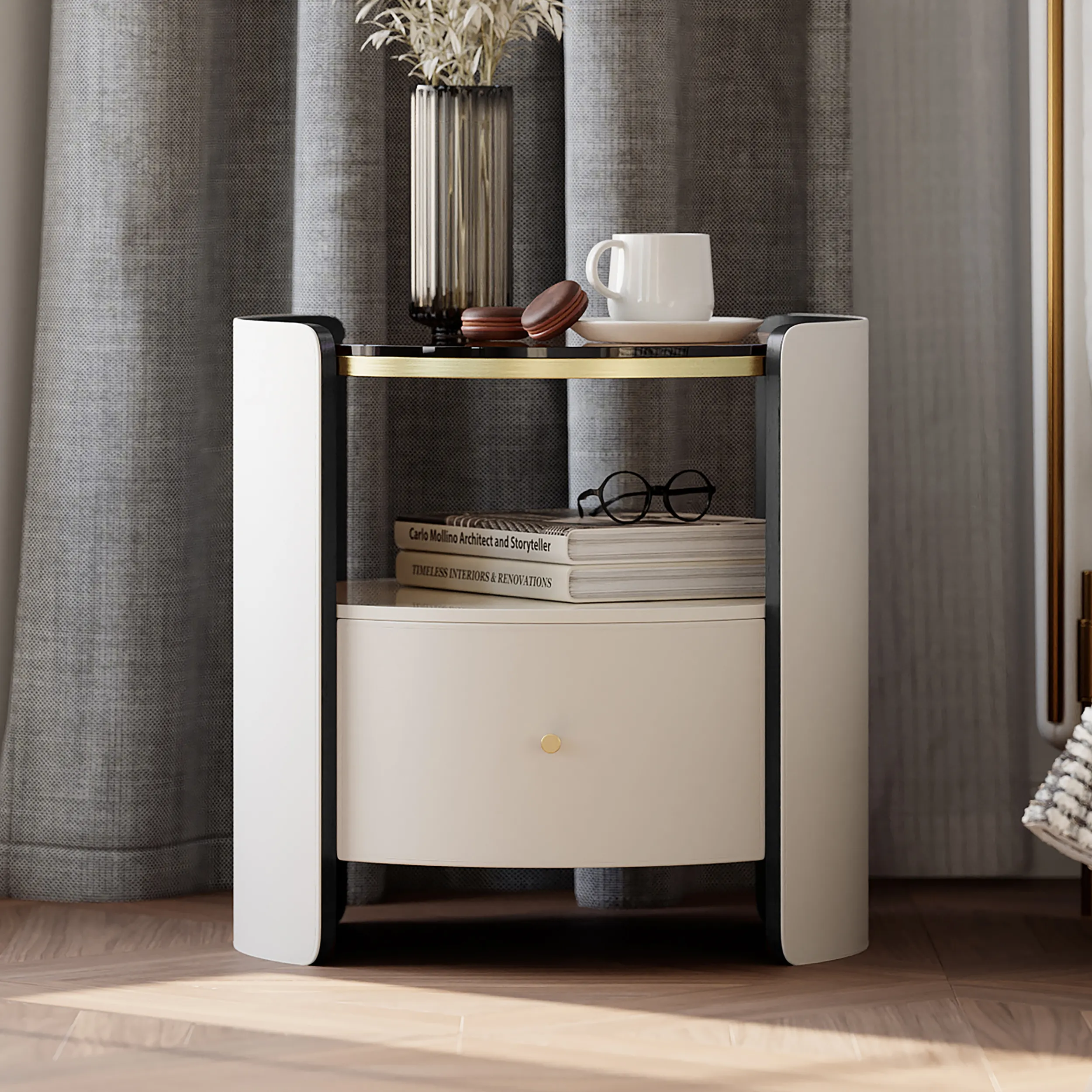 Round Nightstand with Shelf - White, Leather