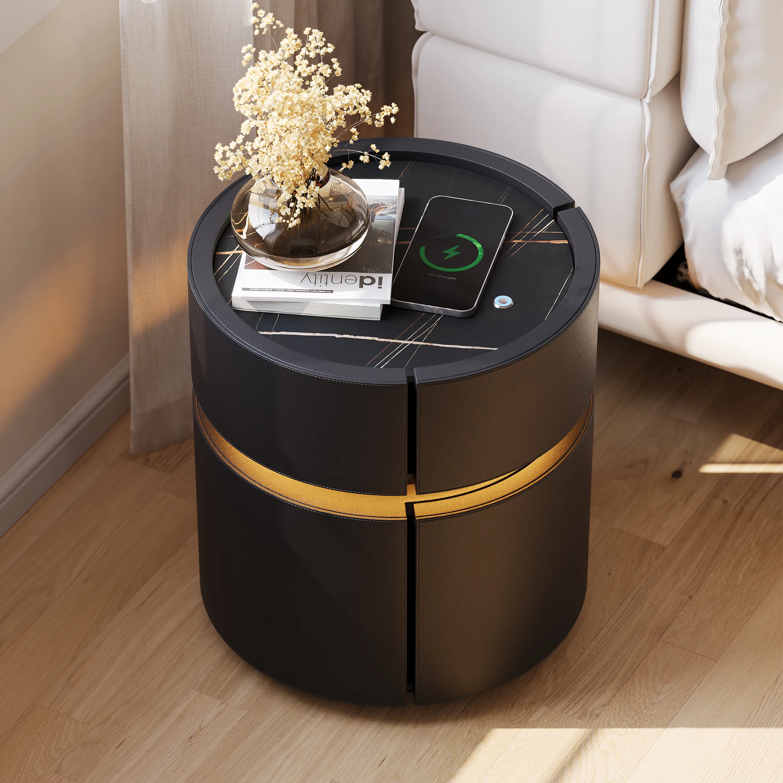 Round Nightstand with Wireless Charging - Black, Saddle Leather