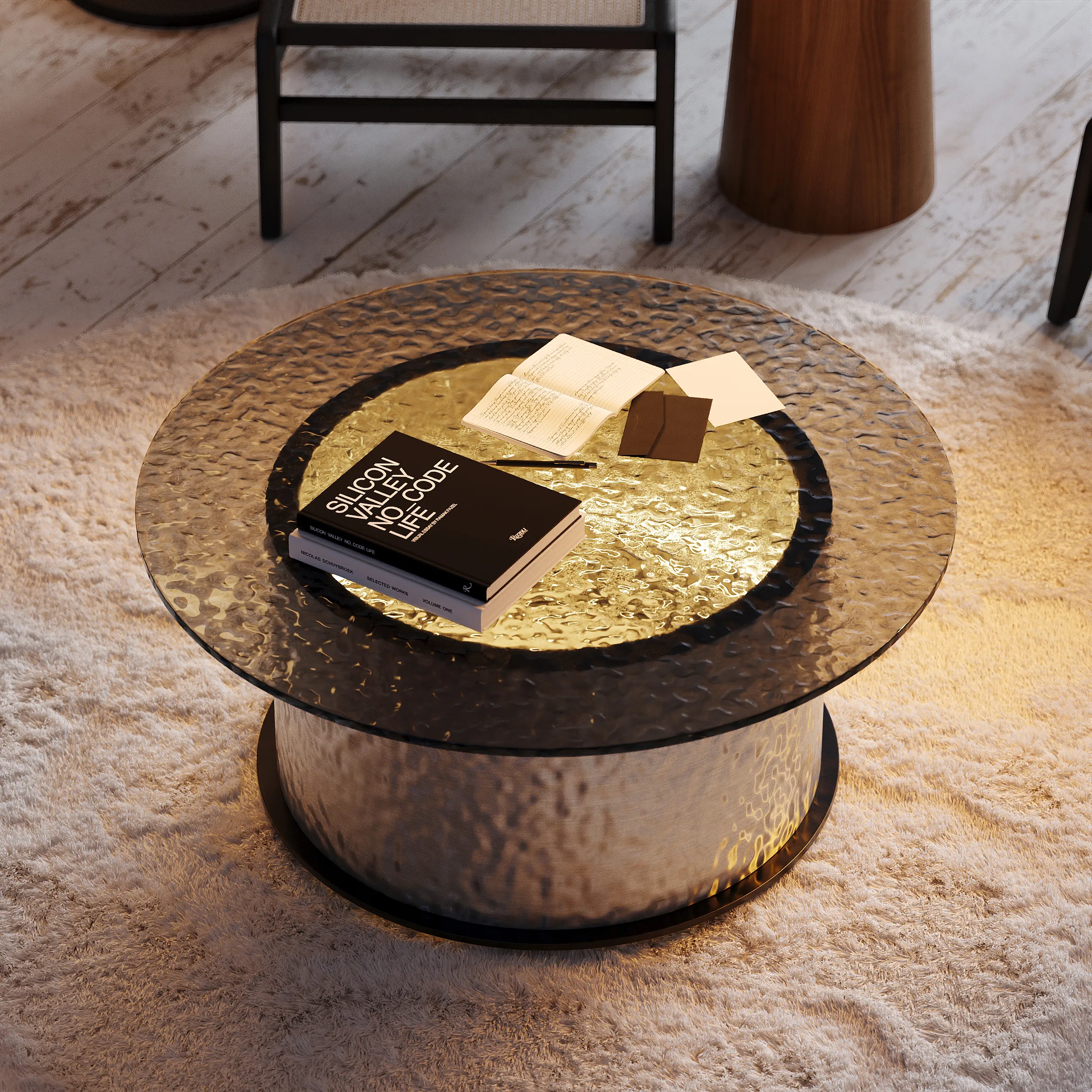 Round Pedestal Coffee Table with LED - Black, Glass