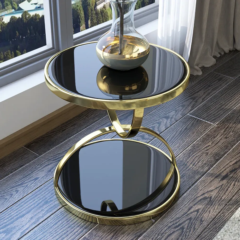 Round Side Table with Storage - Black, Tempered Glass