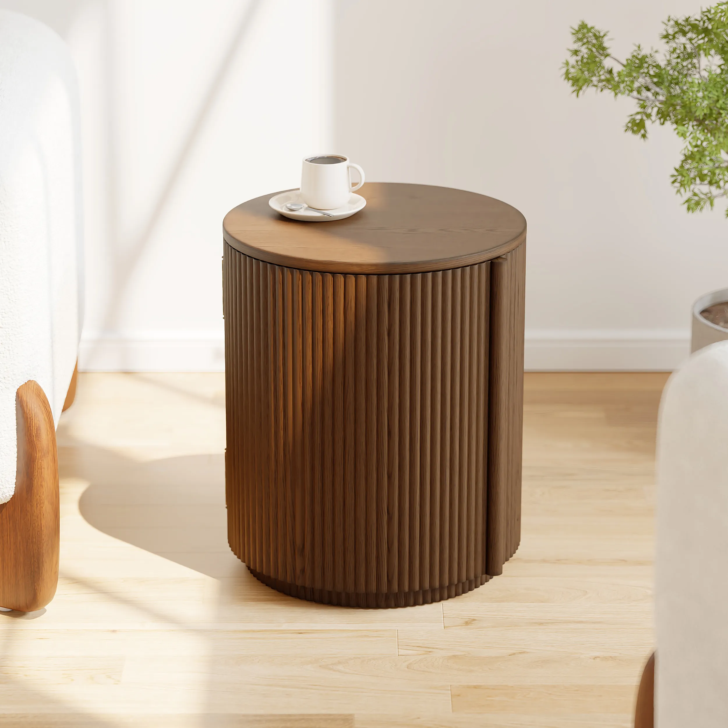 Round Side Table with Storage - Walnut