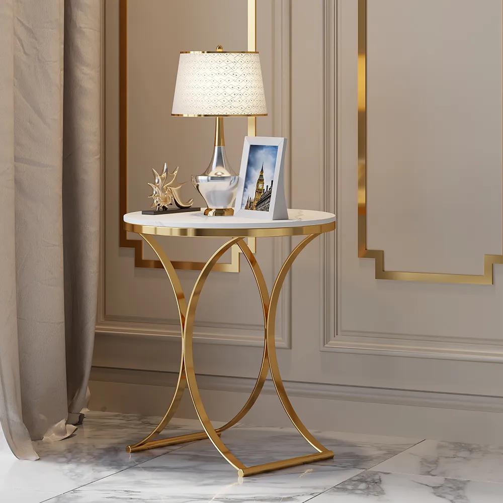 Round Side Table X-Base - White Marble, Gold