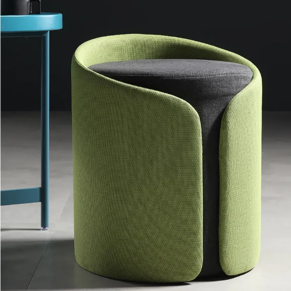 Round Upholstered Ottoman Pouf - Green, Cotton & Linen image