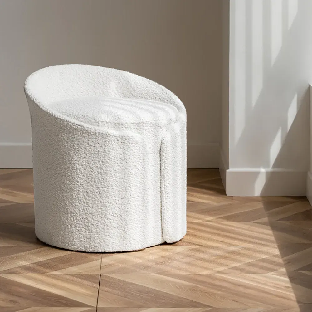 Round Vanity Chair with Backrest - White, Lamb Wool