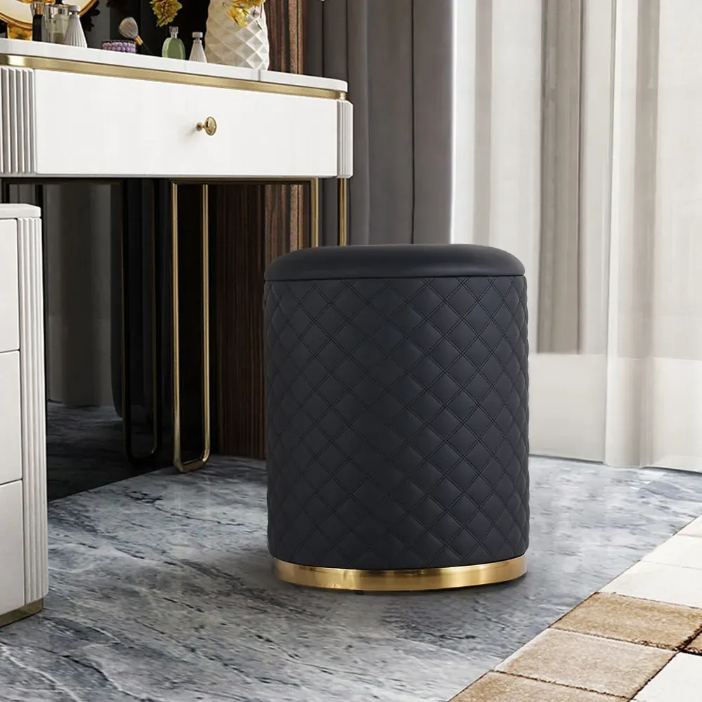 Round Vanity Stool - Black, PU Leather image