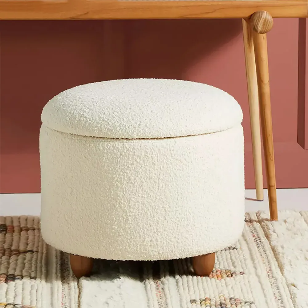 Round Vanity Stool with Storage - White, Boucle