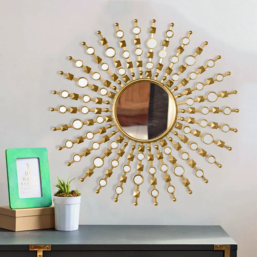 Round Wall Mirror with Sun Design - Gold, Metal image
