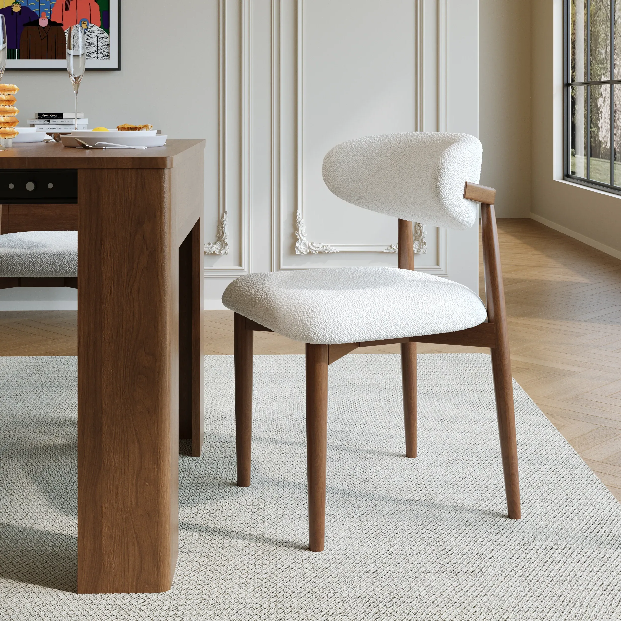 Rubber Wood Dining Chair with Boucle Upholstery - Walnut