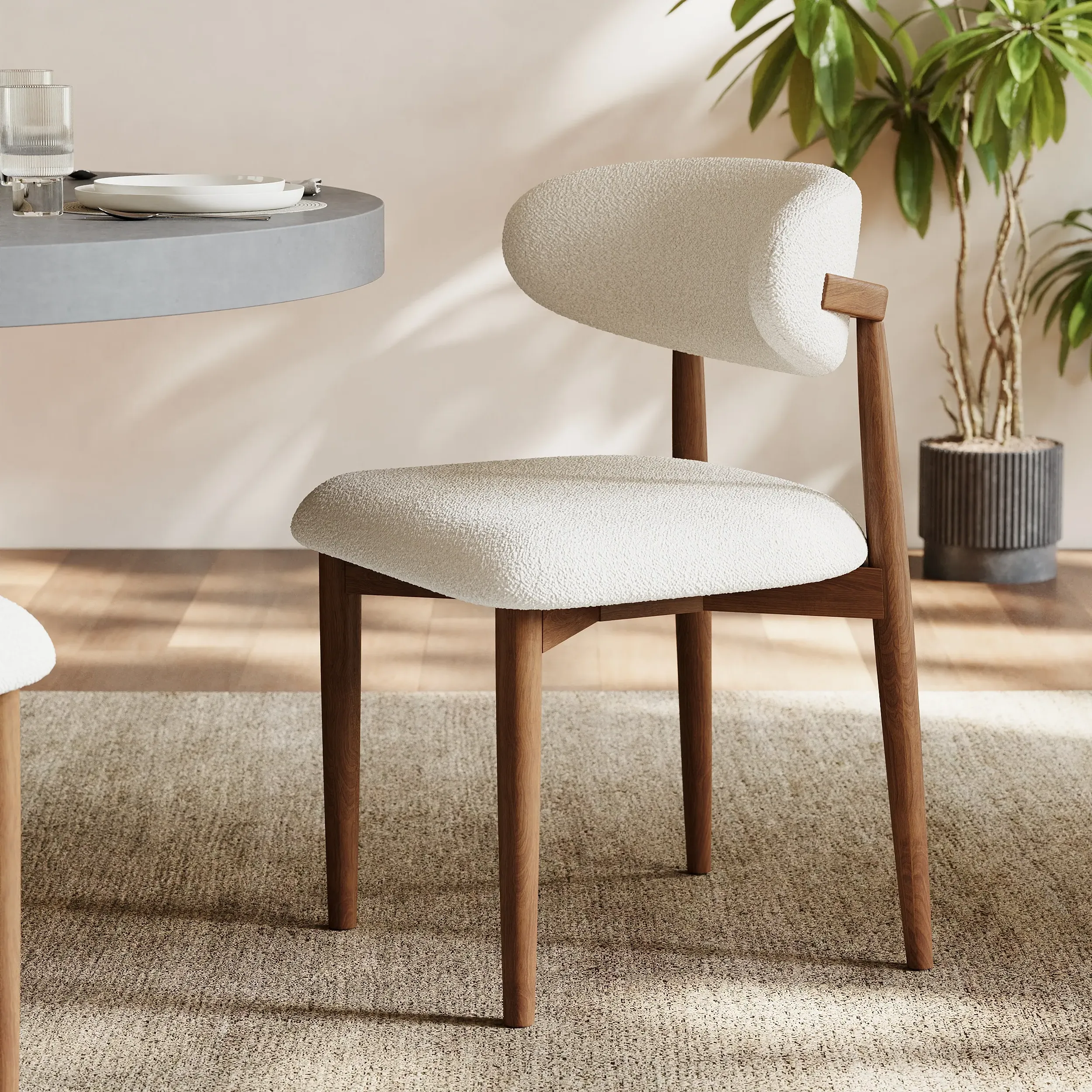 Rubber Wood Dining Chair with Boucle Upholstery - Walnut image