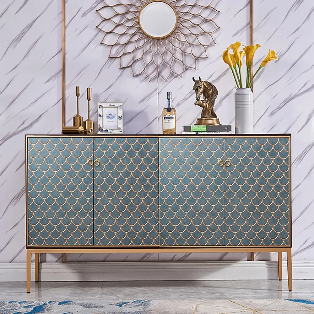 Scale Patterned Sideboard with Doors & Shelves - Gold, Metal