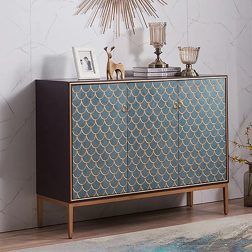 Scale Patterned Sideboard with Doors & Shelves - Gold, Metal