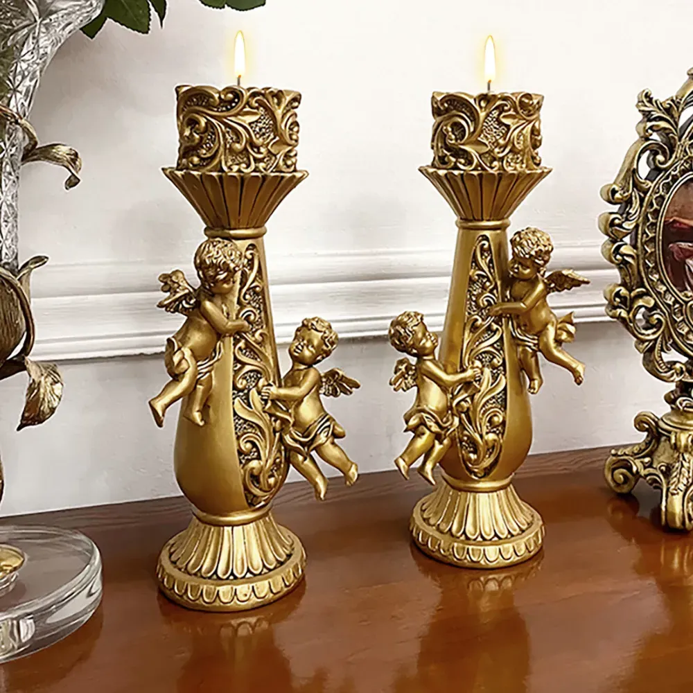 Set of 2 Angel Candle Holders - Gold, Resin