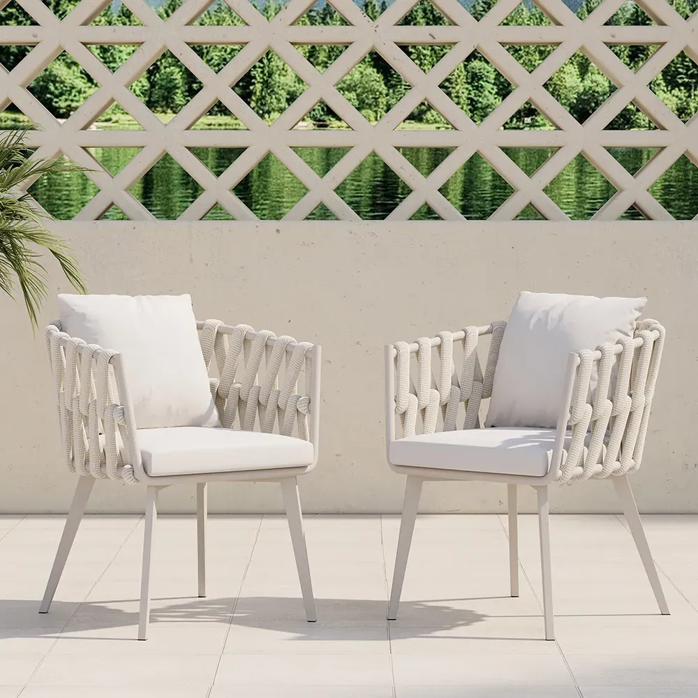 Set of 2 Hand Woven Rope Outdoor Patio Dining Chairs - Beige image