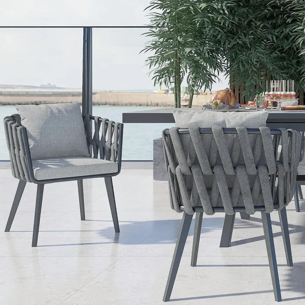 Set of 2 Hand Woven Rope Outdoor Patio Dining Chairs - Gray