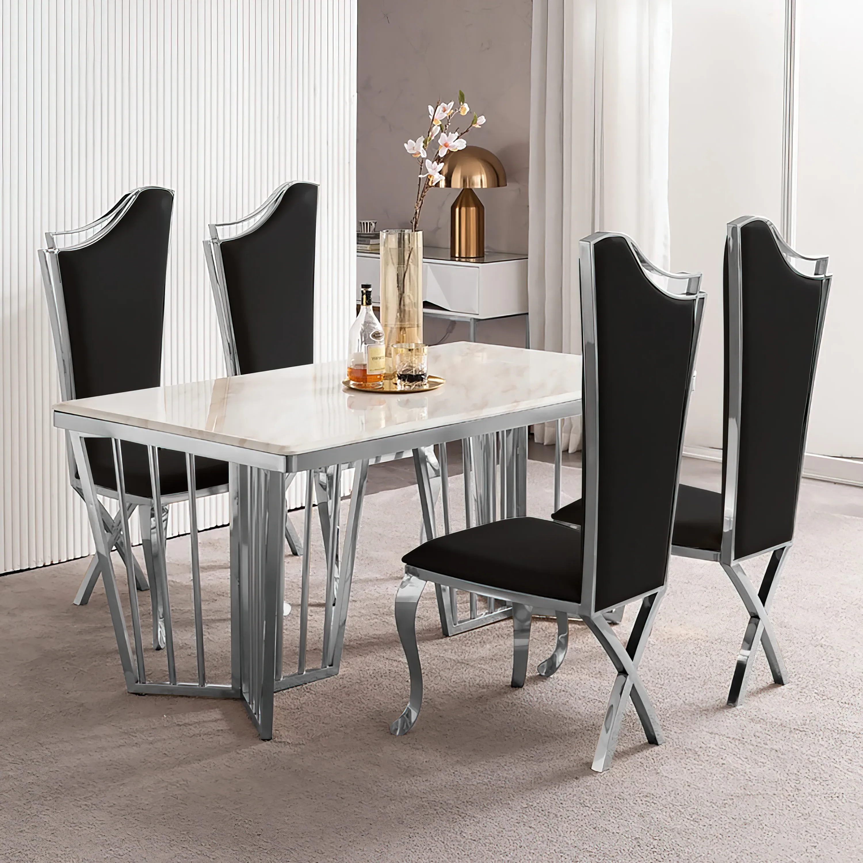 Set of 2 High Back Dining Chairs - Black, PU Leather