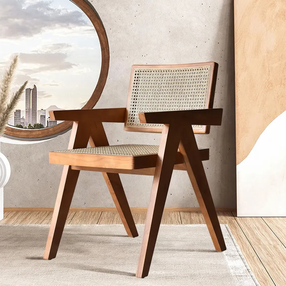 Set of 2 Japandi Rattan Dining Chairs - Walnut, Wood