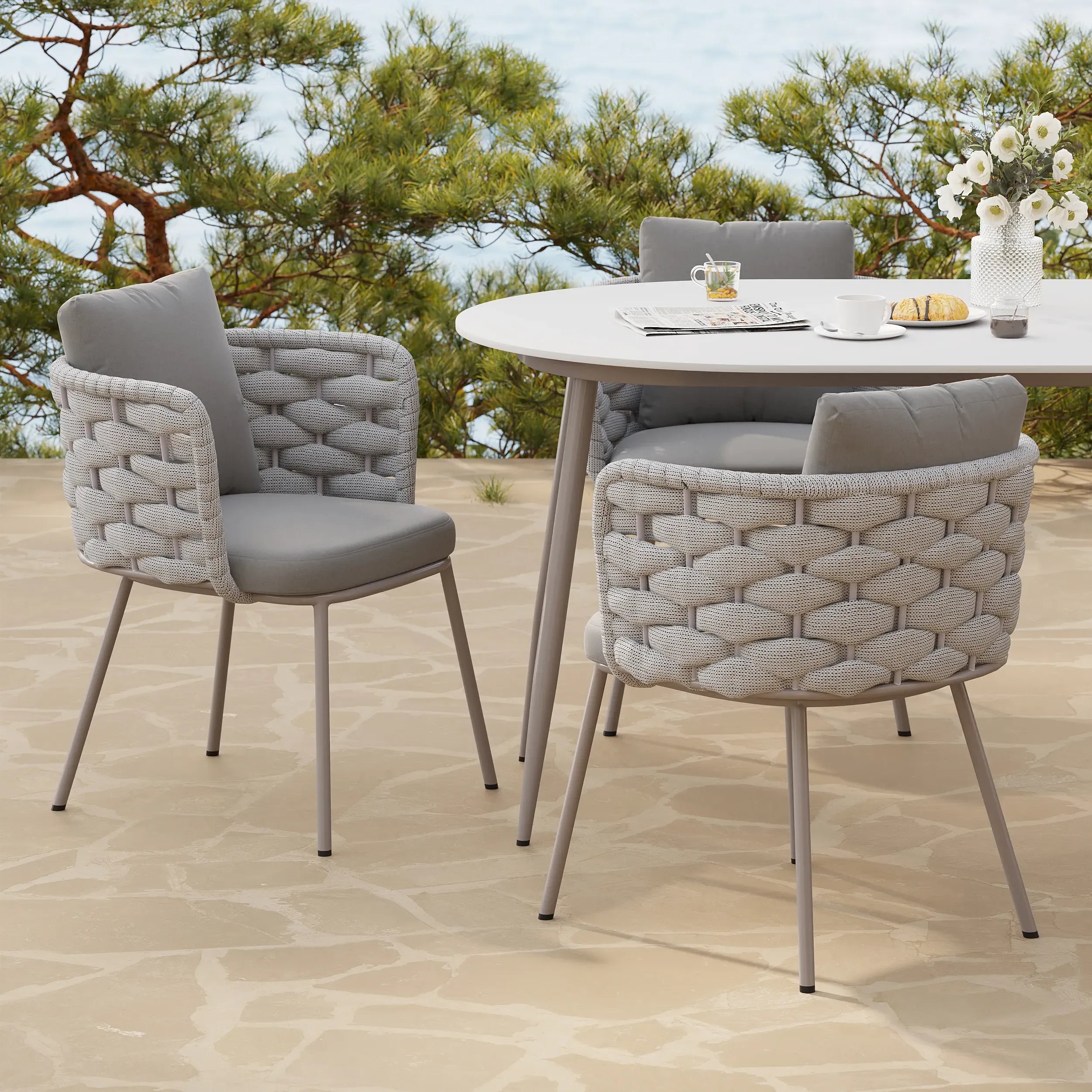 Set of 2 Outdoor Dining Chairs with Armrests - Gray, Rattan
