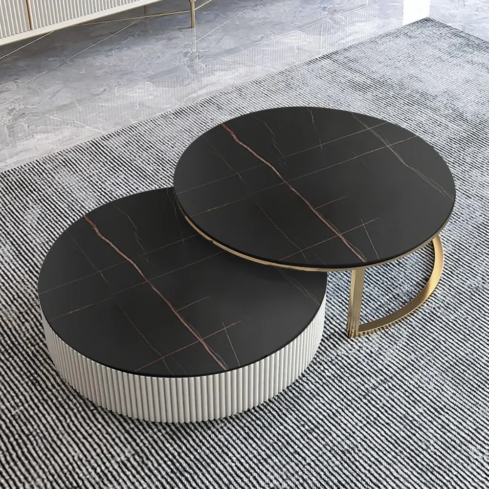 Set of 2 Round Nesting Coffee Tables with Drawer - Black, Gold