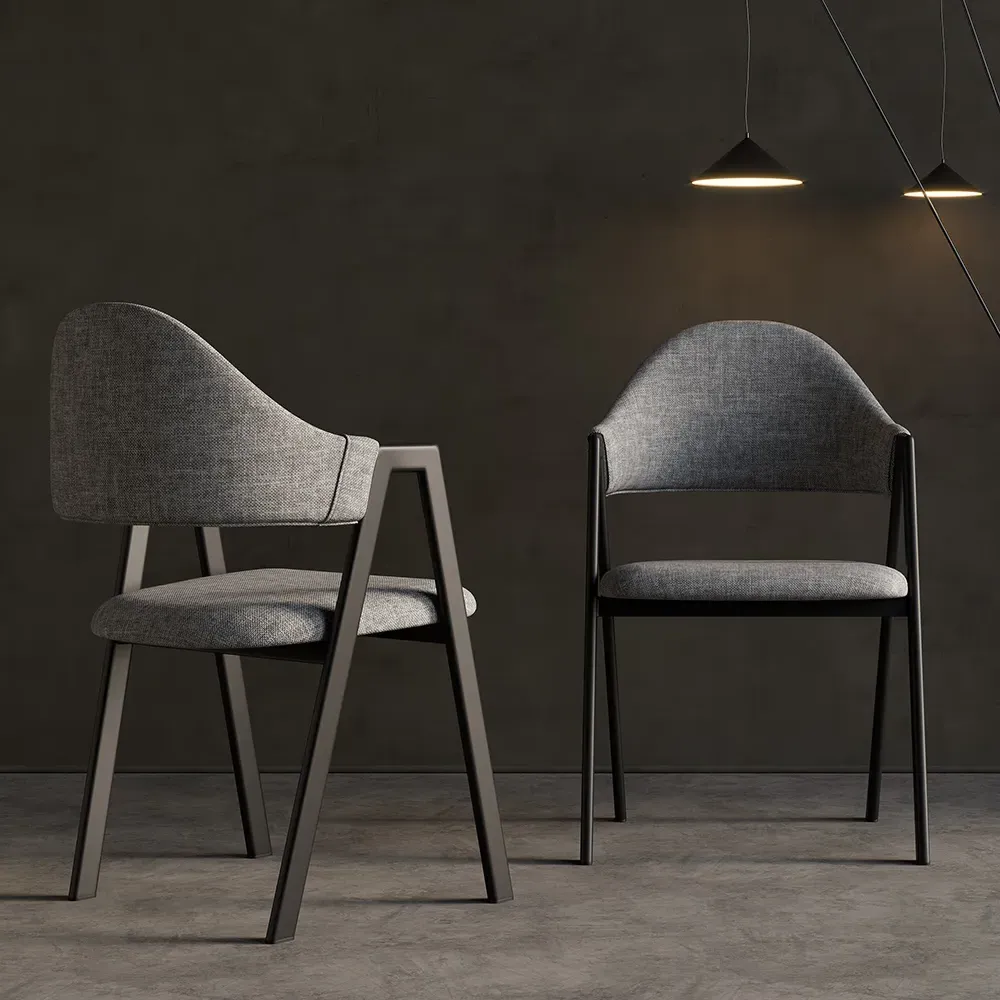 Set of 2 Upholstered Dining Chairs with Curved Back - Gray, Linen