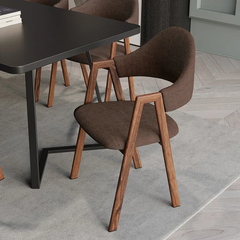 Set of 4 Curved Back Dining Chairs with Armrests - Brown, Linen image