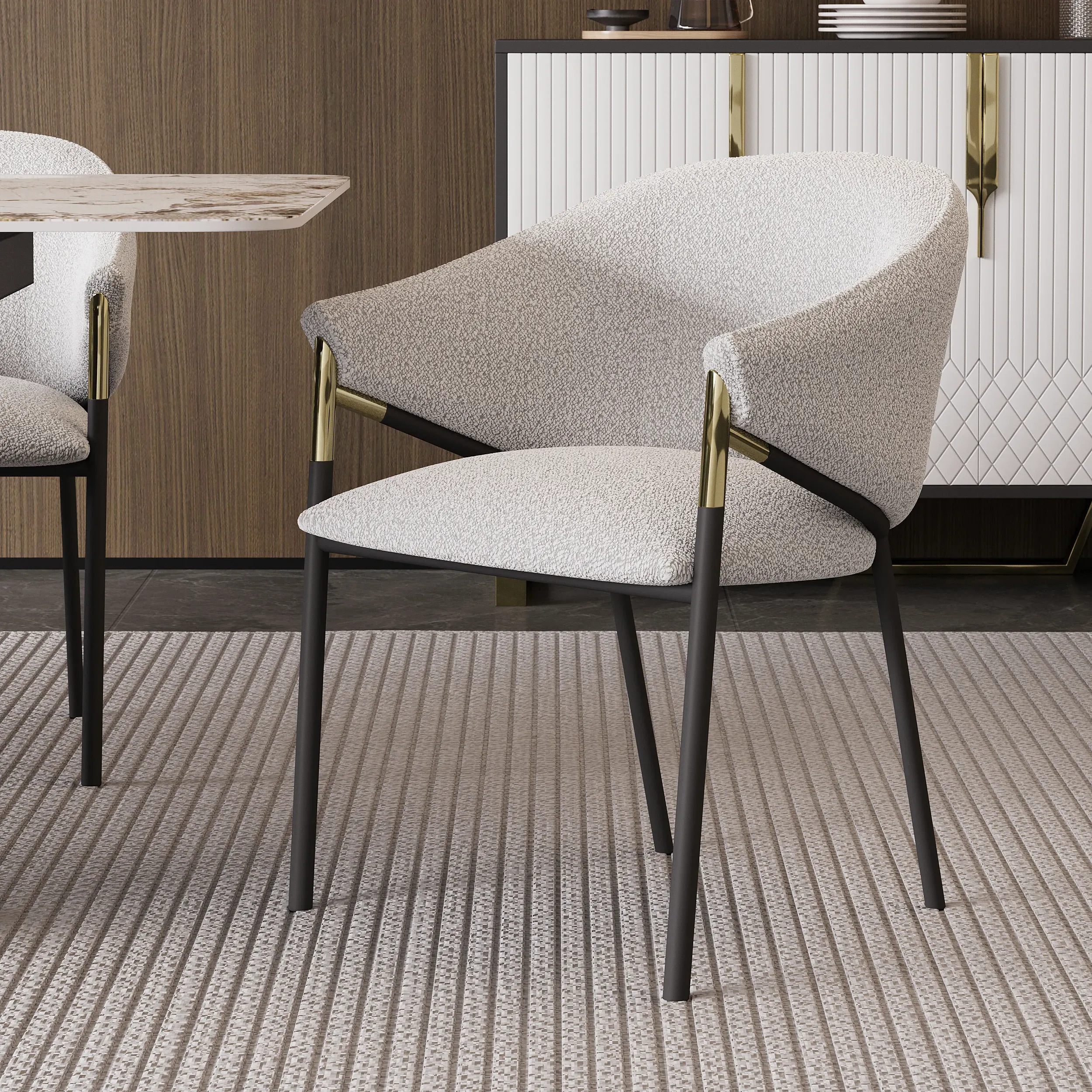 Set of 4 Dining Chairs - White & Gray, Chenille