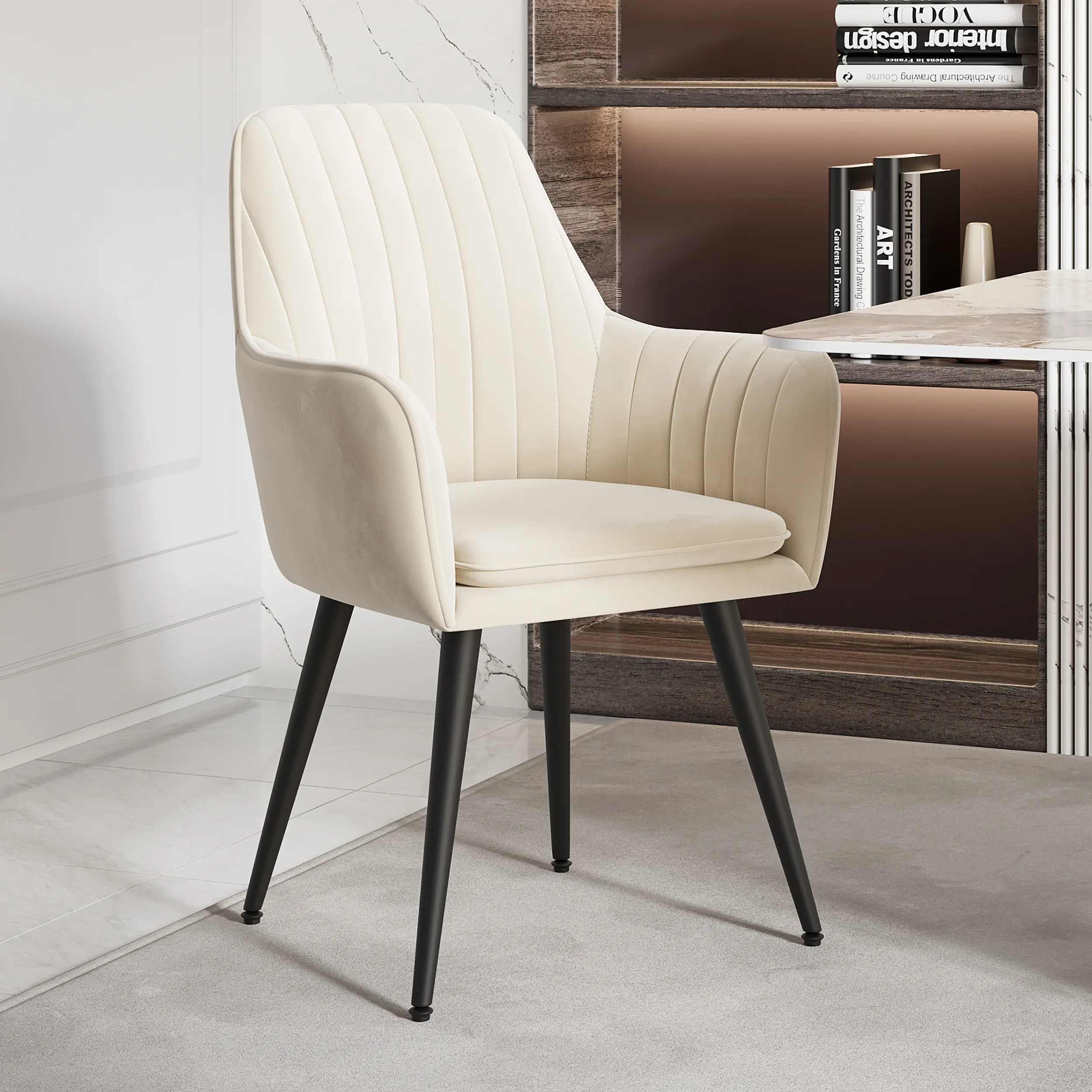 Set of 4 Dining Chairs with Arms - Beige, Velvet