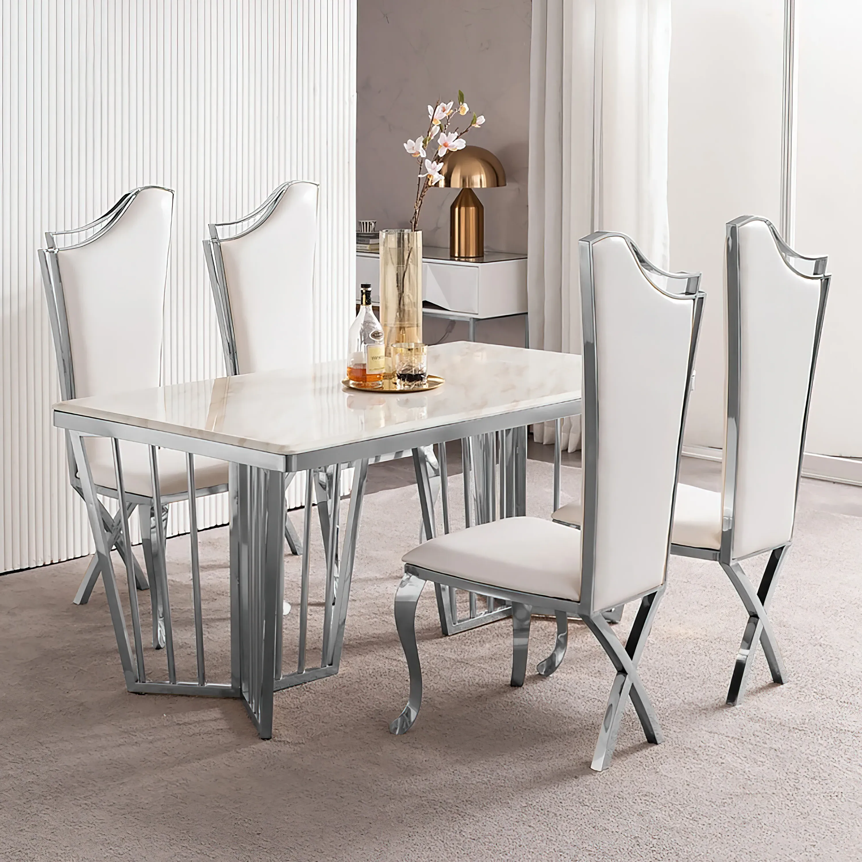 Set of 4 High Back Dining Chairs - White
