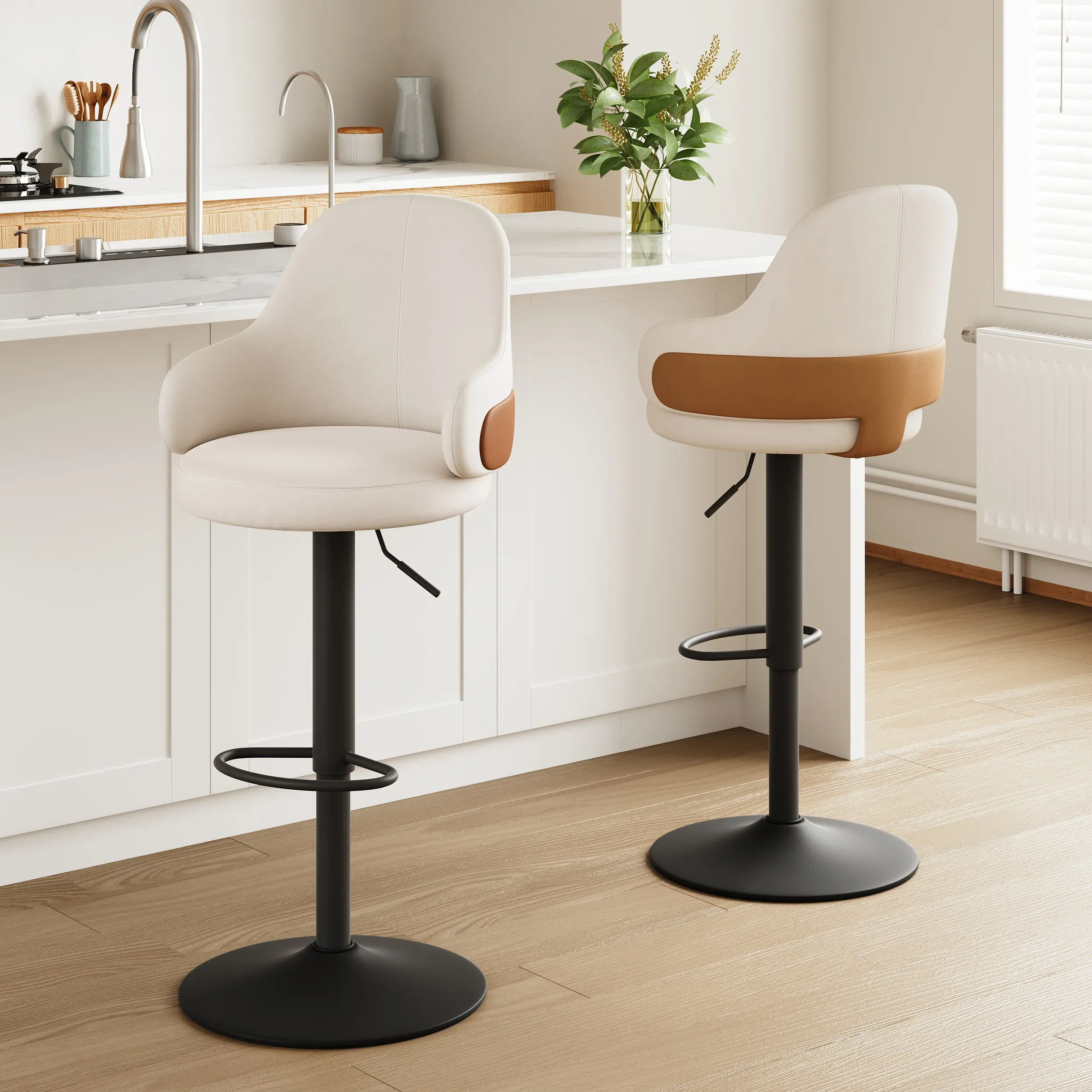 Set of 4 Swivel Bar Stools Curved Wing Back Adjustable - White, Velvet