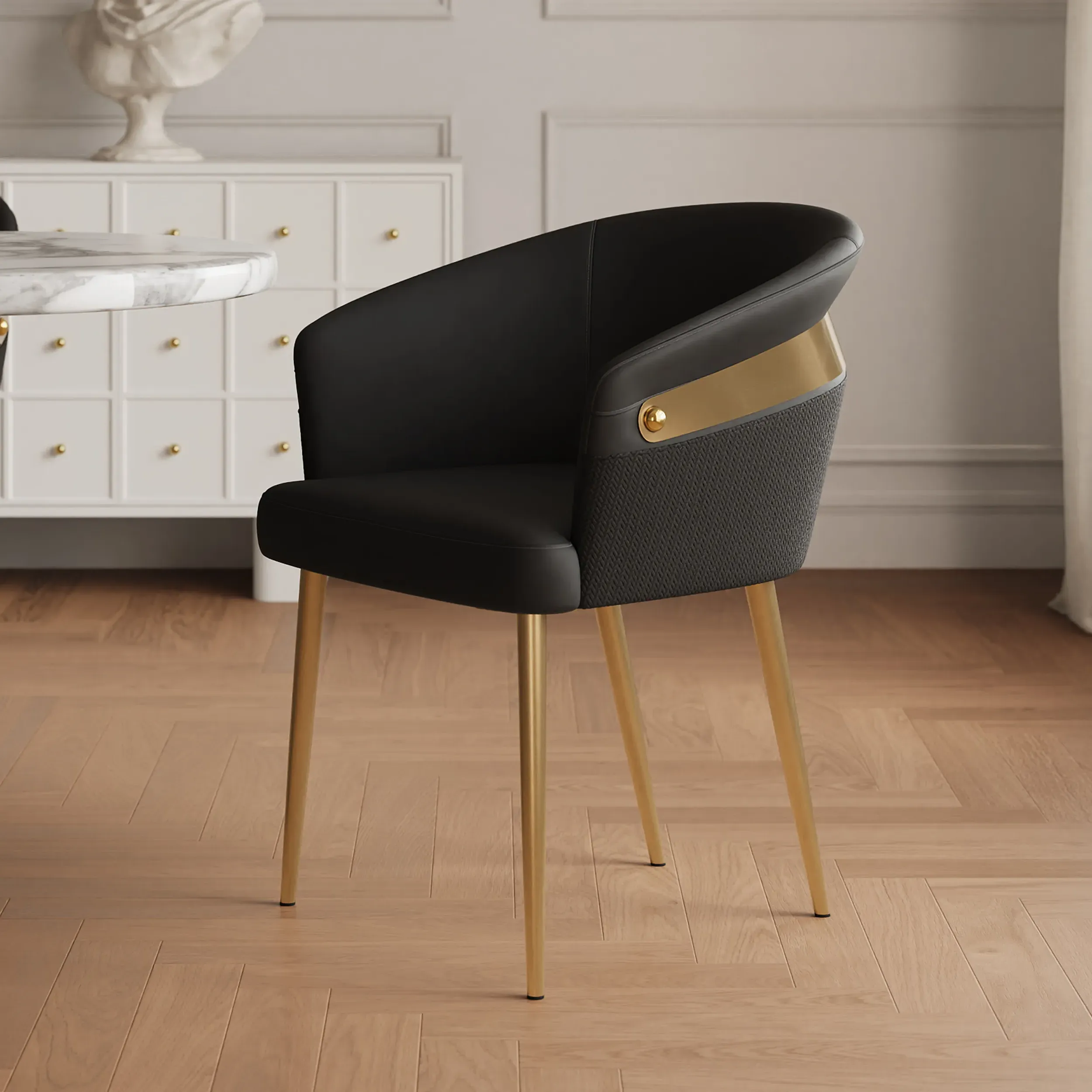 Set of 6 Curved Back Dining Chairs with Armrests - Black, PU Leather