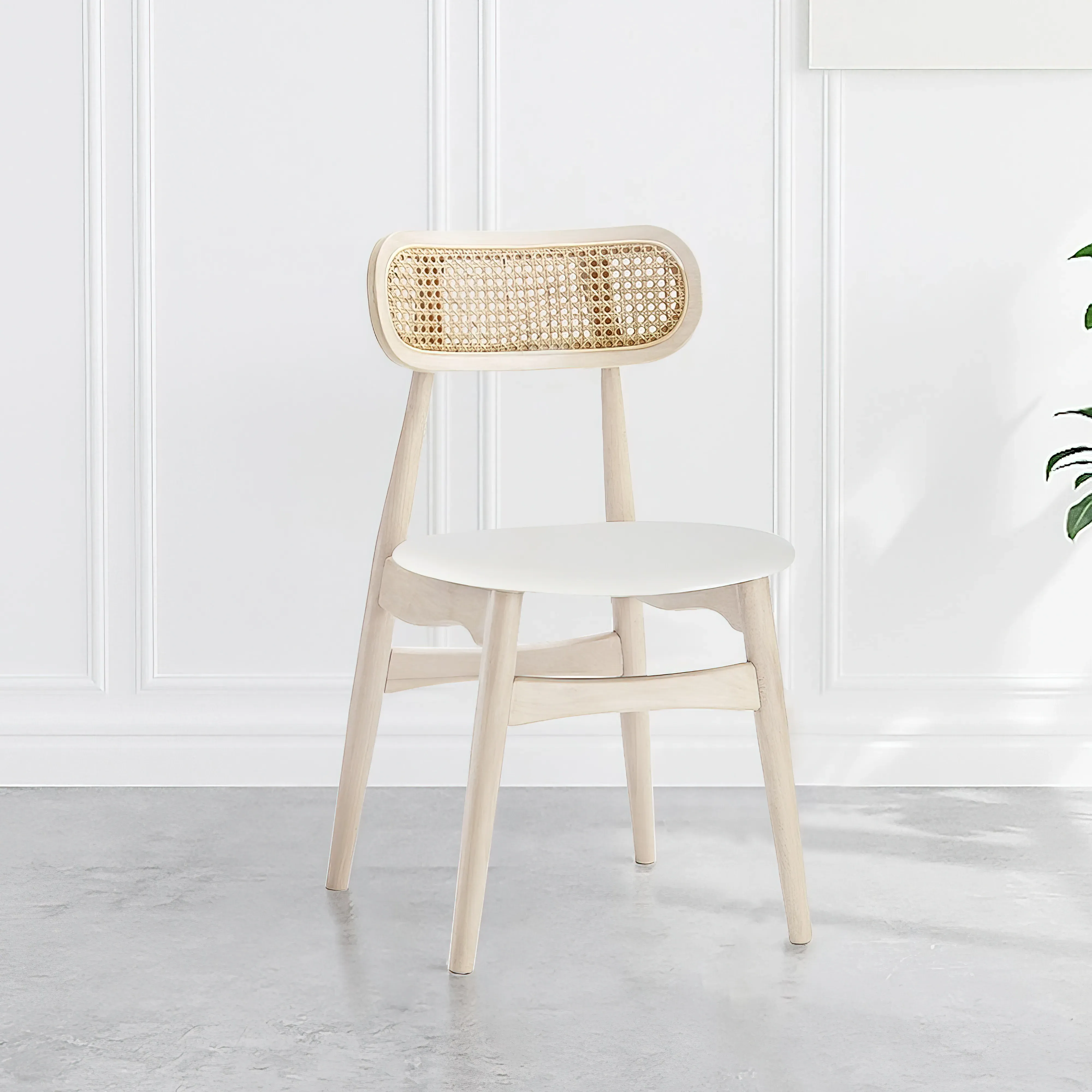 Set of 6 Rattan Dining Chairs - White, Ash Wood