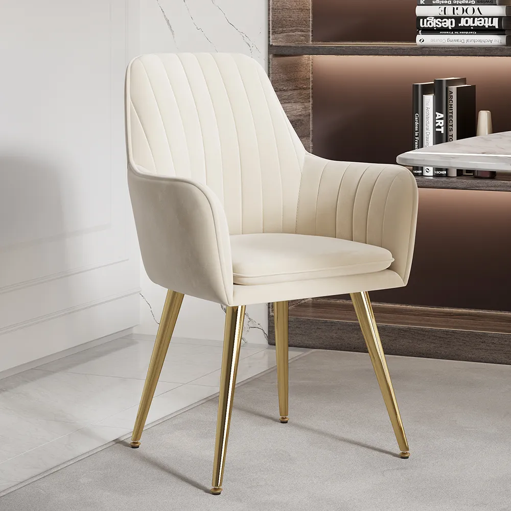 Set of 8 Dining Chairs with Arms - Beige, Velvet