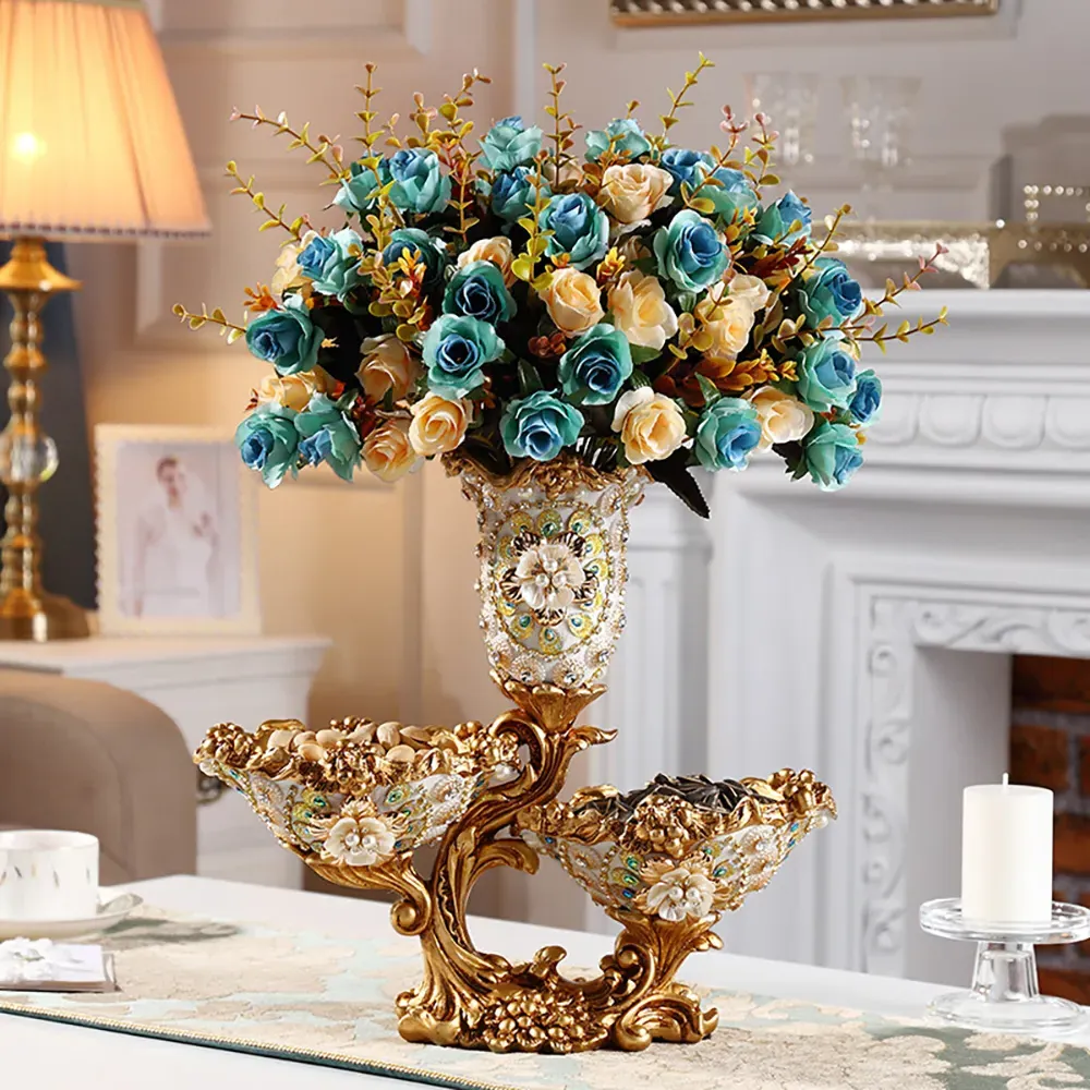 Shinely 2-Tiered Fruit Basket with Vase - Gold & White, Resin