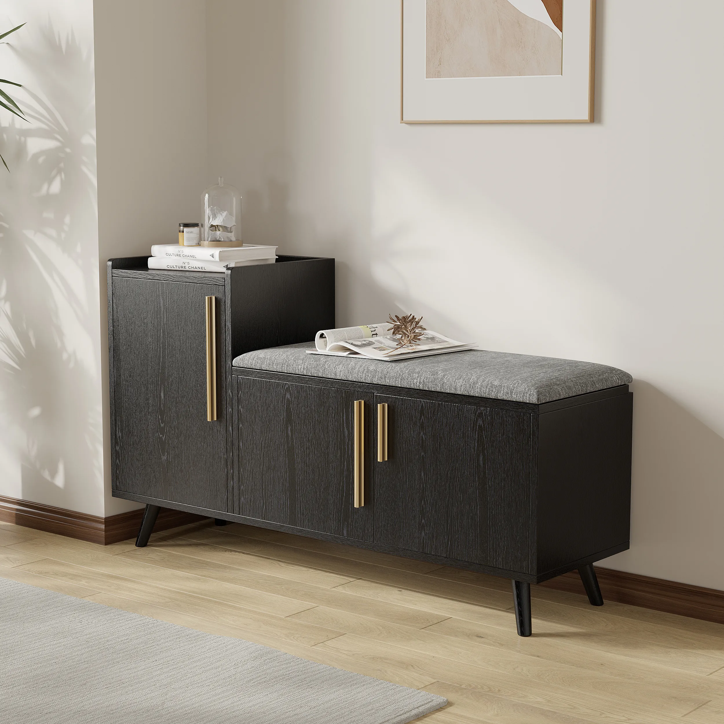 Shoe Storage Entryway Bench with 3 Doors - Black