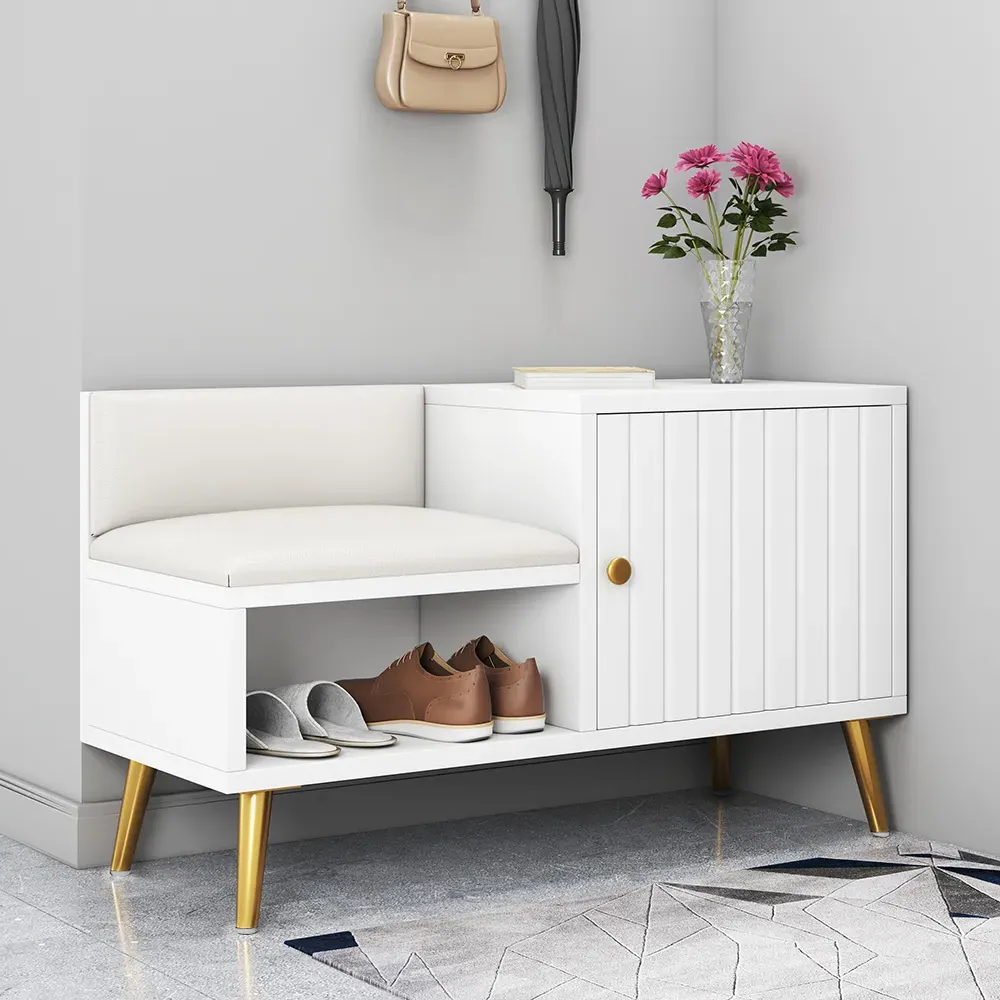Shoe Storage Entryway Bench with Cabinet - White image