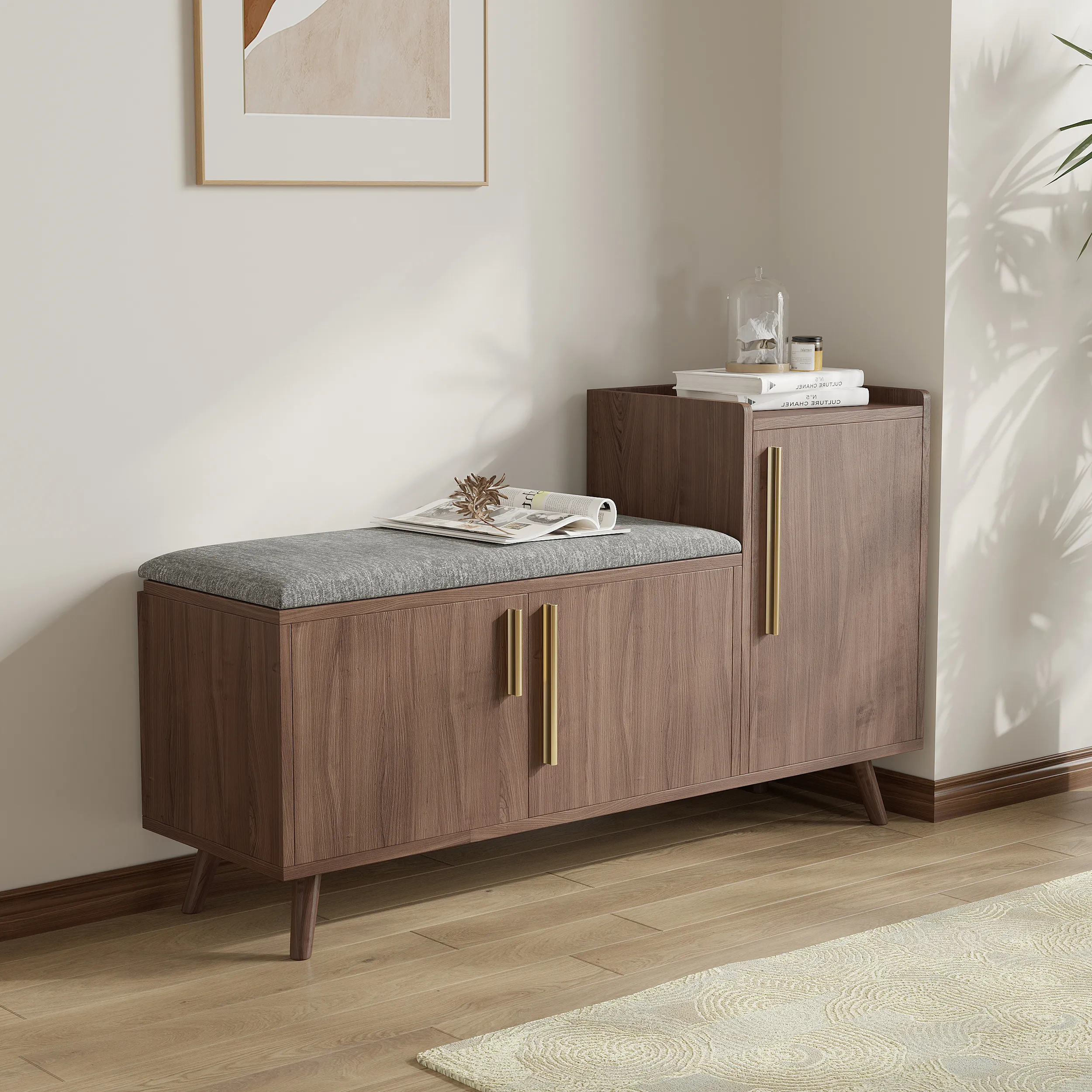 Shoe Storage Entryway Bench with Right Cabinet - Black Walnut