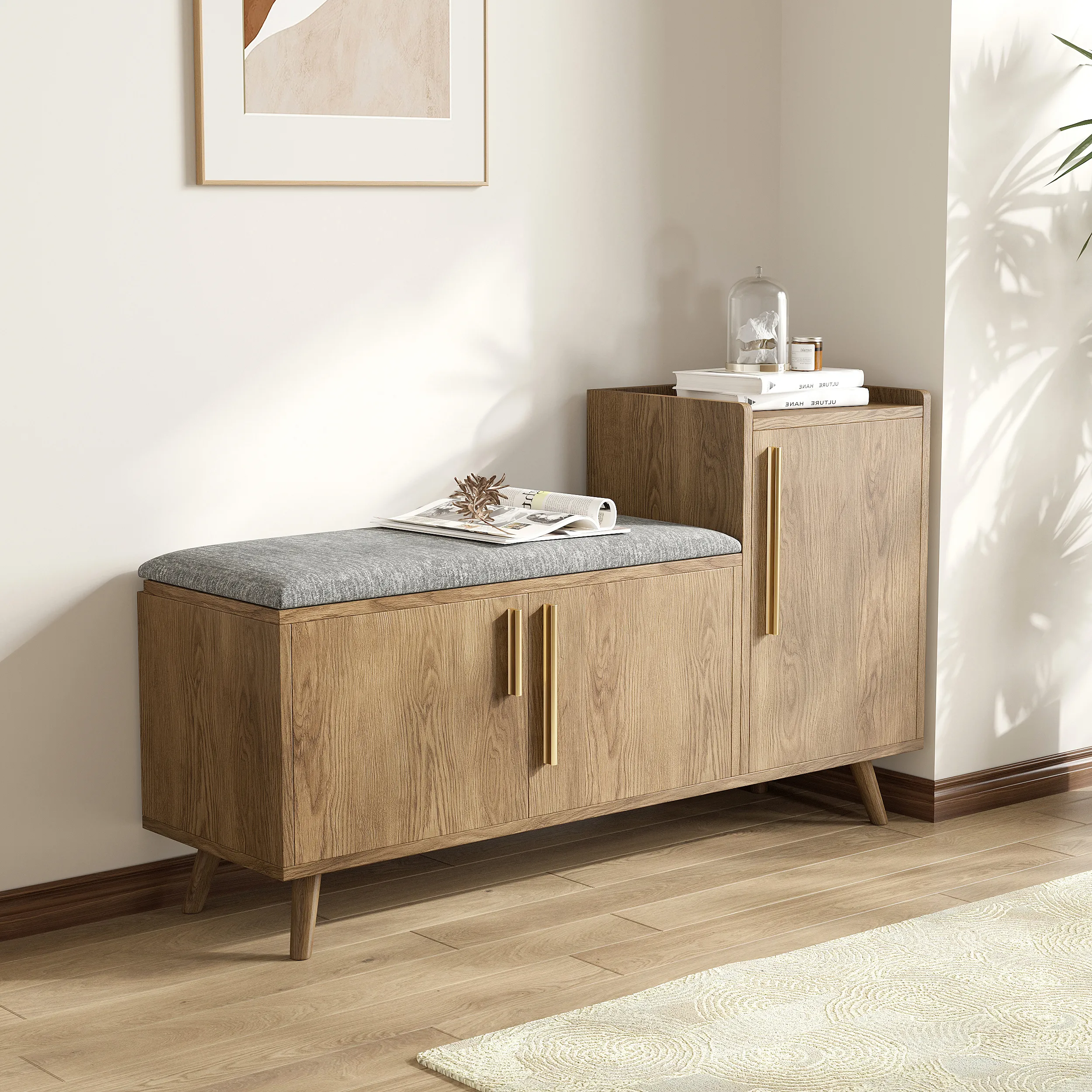 Shoe Storage Entryway Bench with Right Cabinet - Walnut