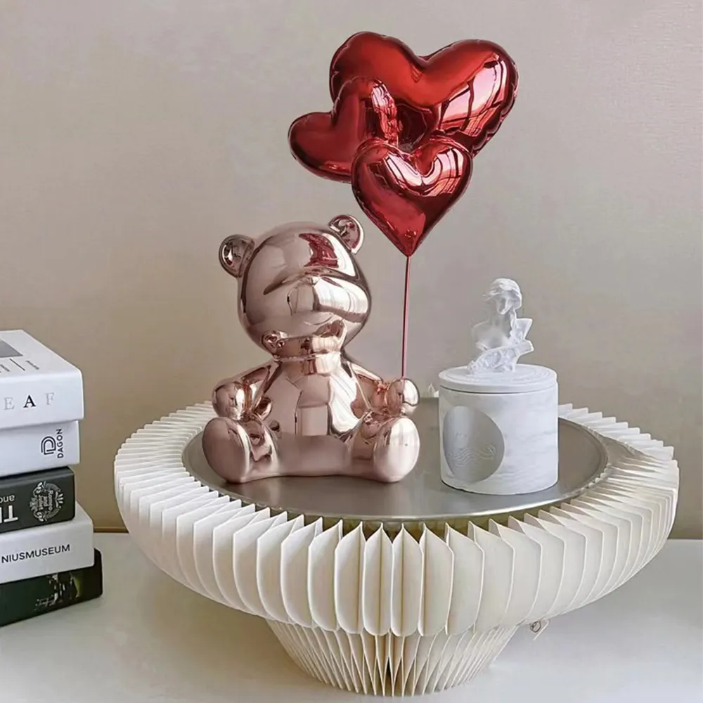 Sitting Bear Statue Ornament with Heart Balloons - Pink