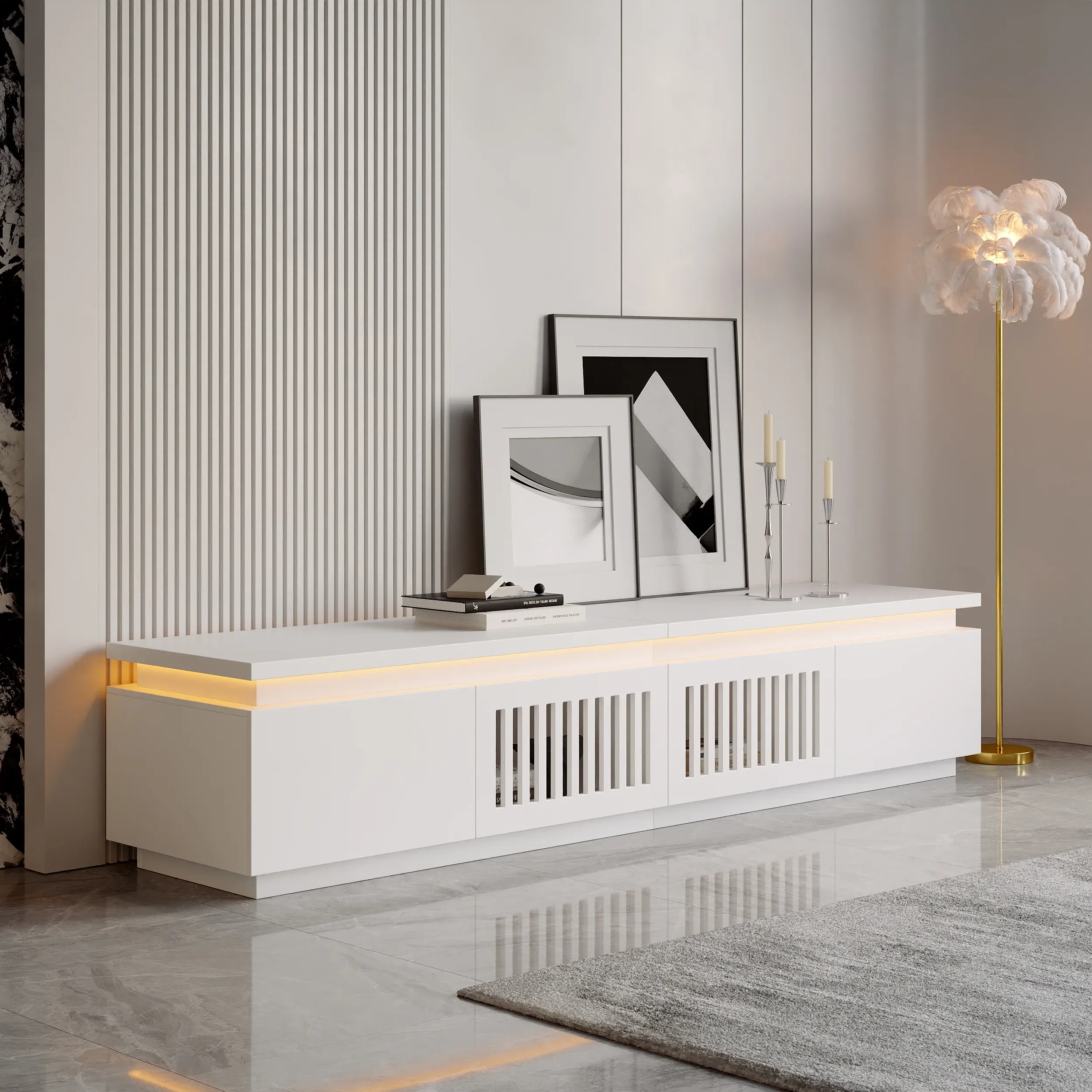 Slatted TV Stand with LED - White