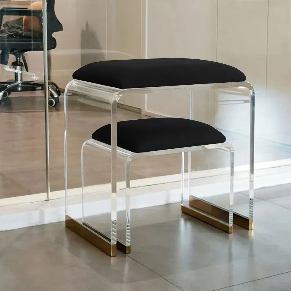 Small Acrylic Ottoman Vanity Stool - Black, Velvet image