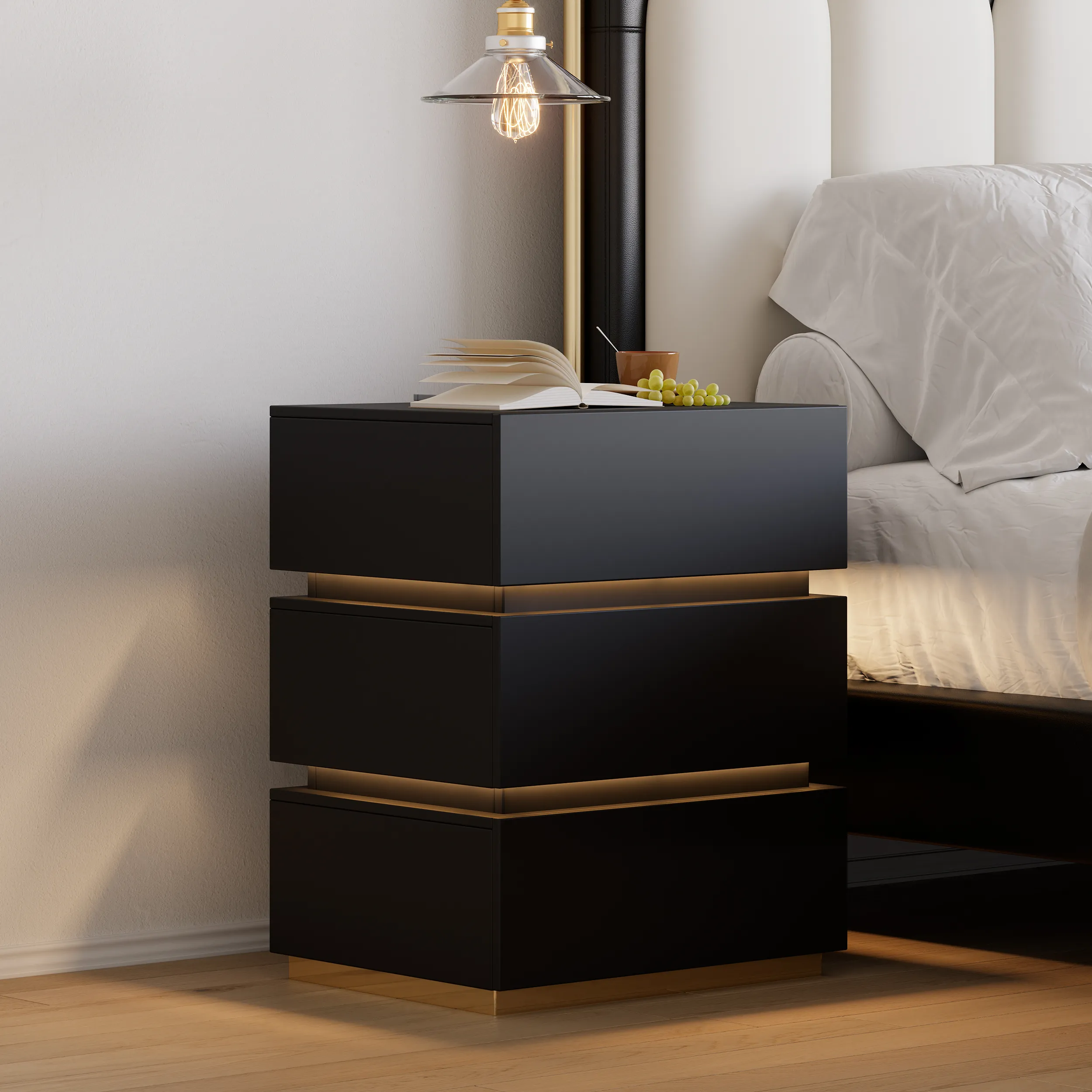 Smart 3-Drawer Nightstand with Charging Station - Black