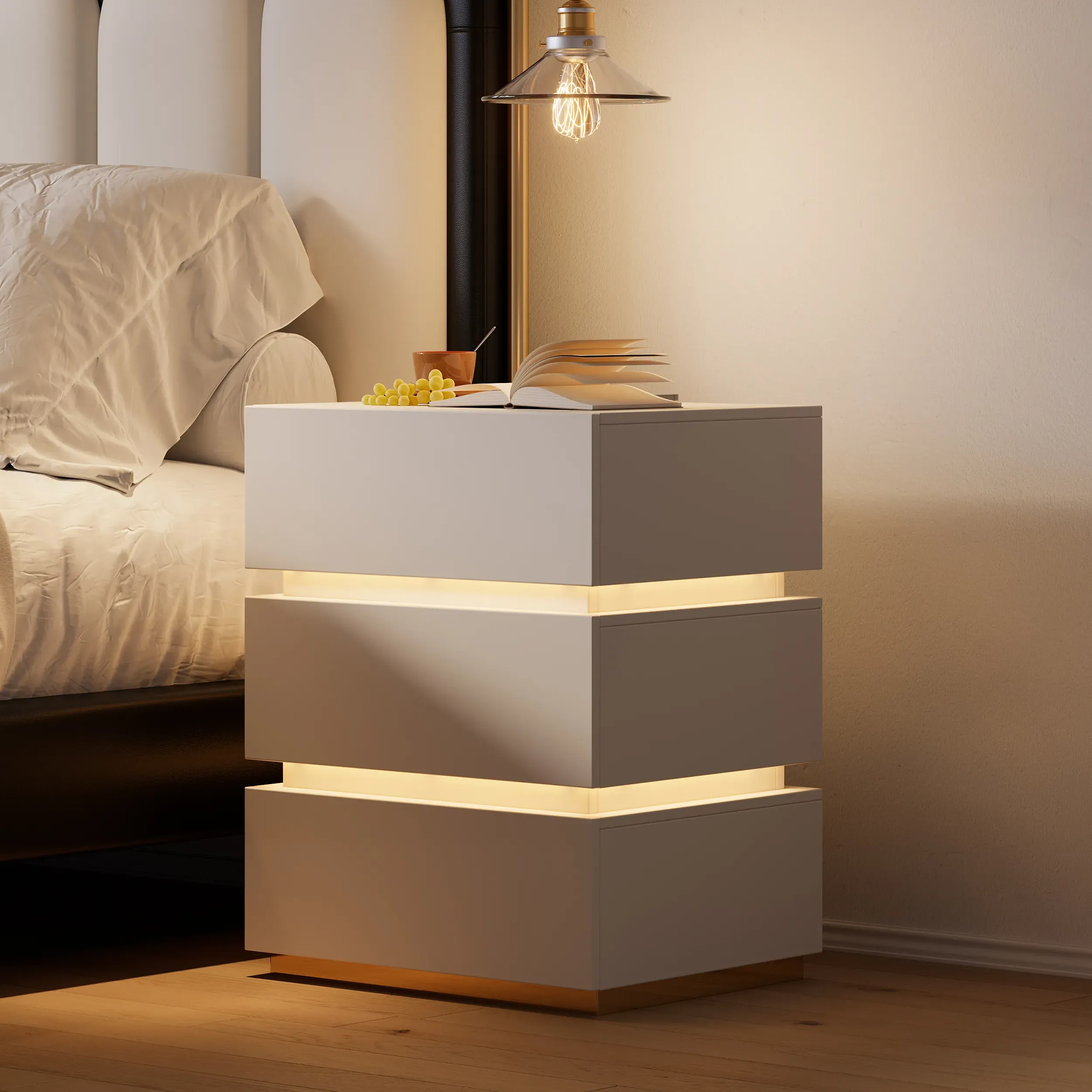 Smart 3-Drawer Nightstand with Charging Station - White