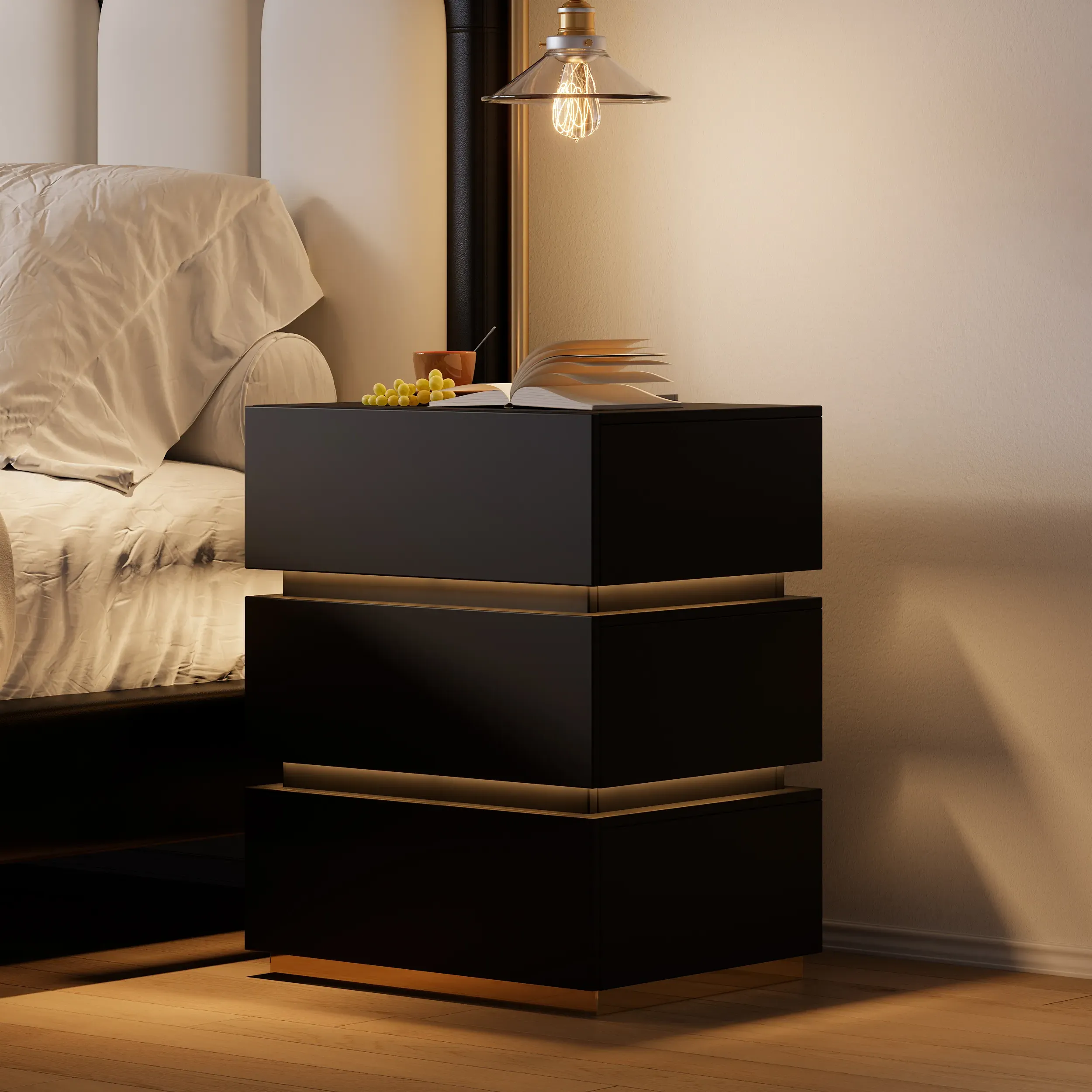 Smart LED 3 Drawer Nightstand with Wireless Charging - Black